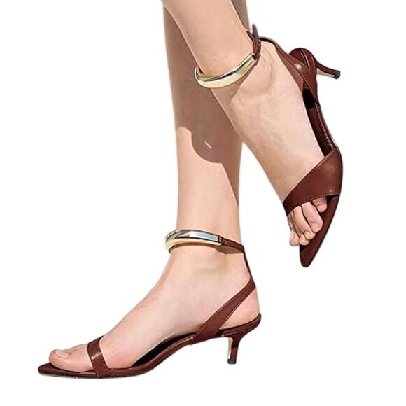 Coutgo Shoes - Coutgo Womens Size 9 Dark Brown 2" Low Kitten Heel Ankle Strap Open Toe Shoes